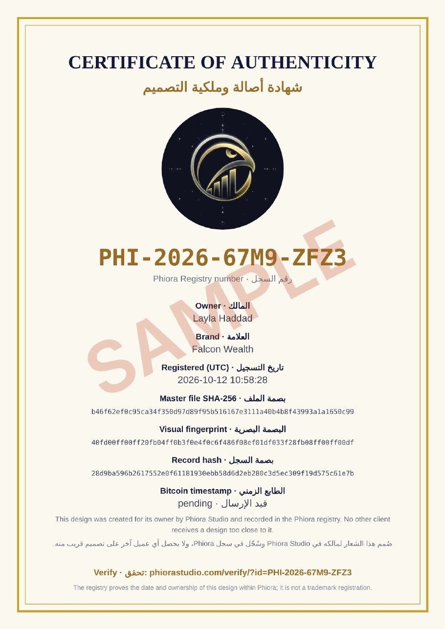 نموذج شهادة أصالة من Phiora